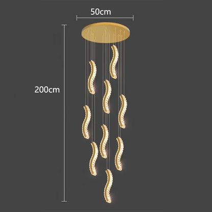 Gold-toned decorbites crystal chandelier with nine curved crystal pendant lights for modern stair and living room lighting