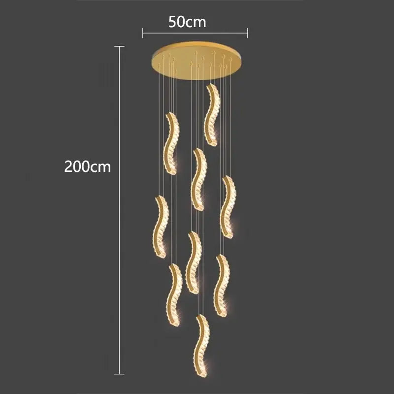 Gold-toned decorbites crystal chandelier with nine curved crystal pendant lights for modern stair and living room lighting