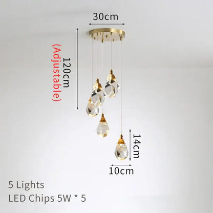 Decorbites crystal chandelier with five clear glass teardrop pendants and gold ceiling mount for staircase lighting