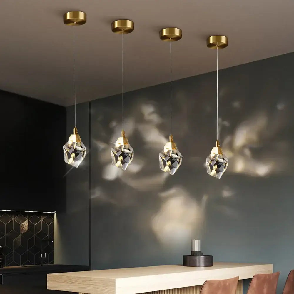 Four decorbites crystal chandelier staircase pendant lights with gold fixtures and faceted glass globes for living room lighting