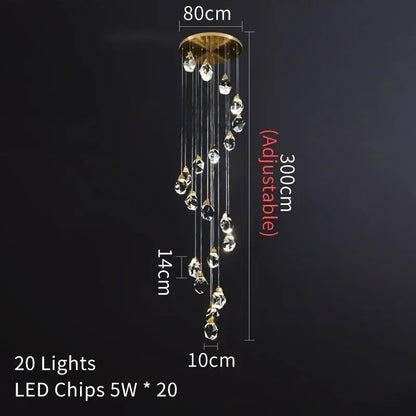DecorBites crystal chandelier staircase pendant with gold base and 20 clear crystal droplets for living room lighting