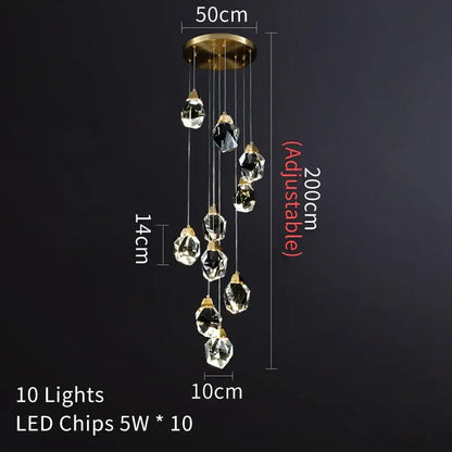 A decorbites crystal chandelier with ten clear glass pendants and gold mount designed as a staircase pendant lamp