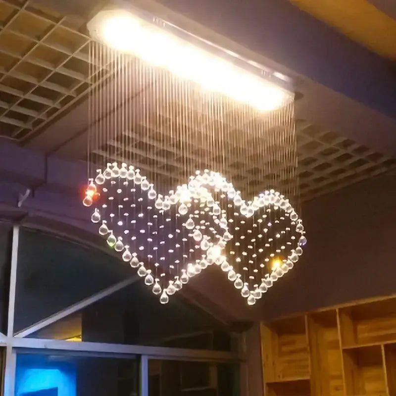 DecorBites™ crystal chandelier table lamp set with glowing interlocking heart-shaped clear crystal beads for bedrooms