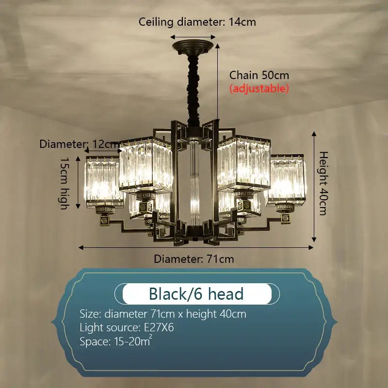 Black wrought iron decorbites crystal chandelier with six rectangular glass shades for villa living room lighting