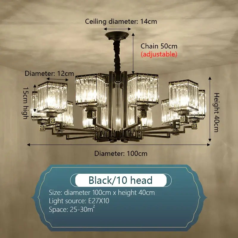 Black metal decorbites crystal chandelier with ten rectangular shades for chandelier villa living room lighting