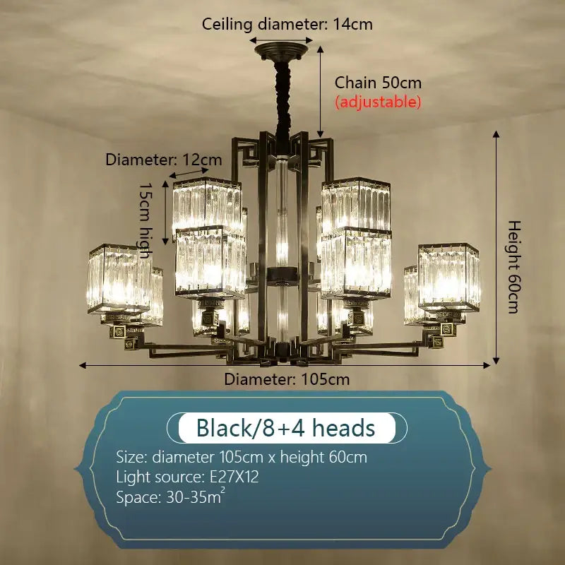 Black metal decorbites crystal chandelier villa with eight rectangular crystal shades and adjustable chain for living room lighting