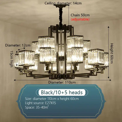 Black metal DecorBites crystal chandelier villa with ten larger and five smaller tiered crystal light fixtures for living room lighting