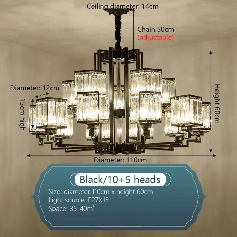 Black metal DecorBites crystal chandelier villa with ten larger and five smaller tiered crystal light fixtures for living room lighting
