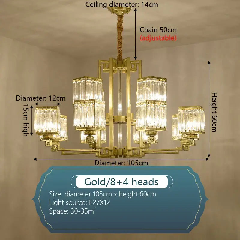 Gold-finished decorbites crystal chandelier villa with eight rectangular crystal glass shades and adjustable chain for living room lighting