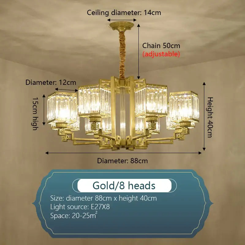 Gold-colored DecorBites crystal chandelier with eight crystal-encased light fixtures and adjustable chain for villa living