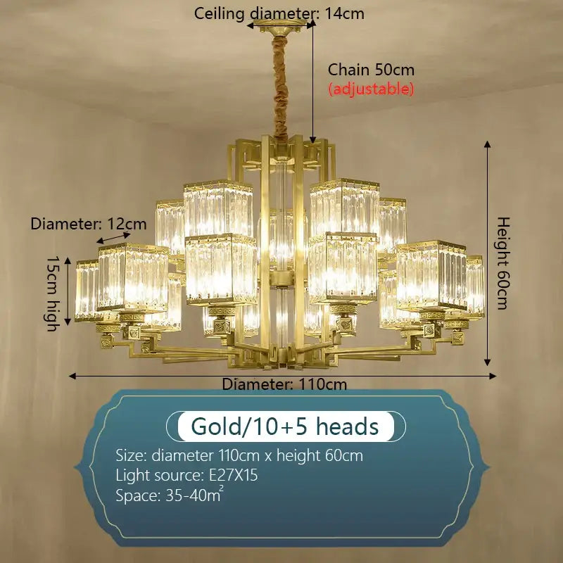 Gold-finished DecorBites crystal chandelier villa with tiered rectangular crystal glass shades for chandelier villa living