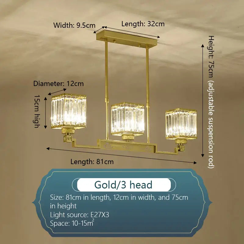 Gold decorbites crystal chandelier with three crystal glass shades and adjustable suspension rod for villa living room lighting