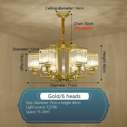 Gold-colored decorbites crystal chandelier with six crystal-encased light heads and adjustable chain for chandelier villa living