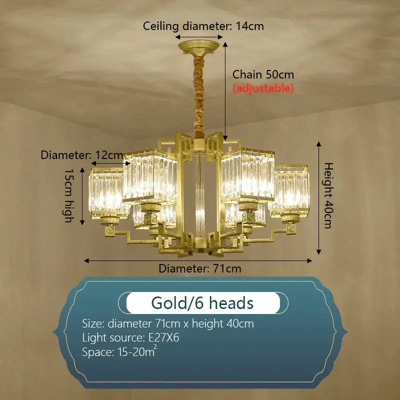 Gold-colored decorbites crystal chandelier with six crystal-encased light heads and adjustable chain for chandelier villa living