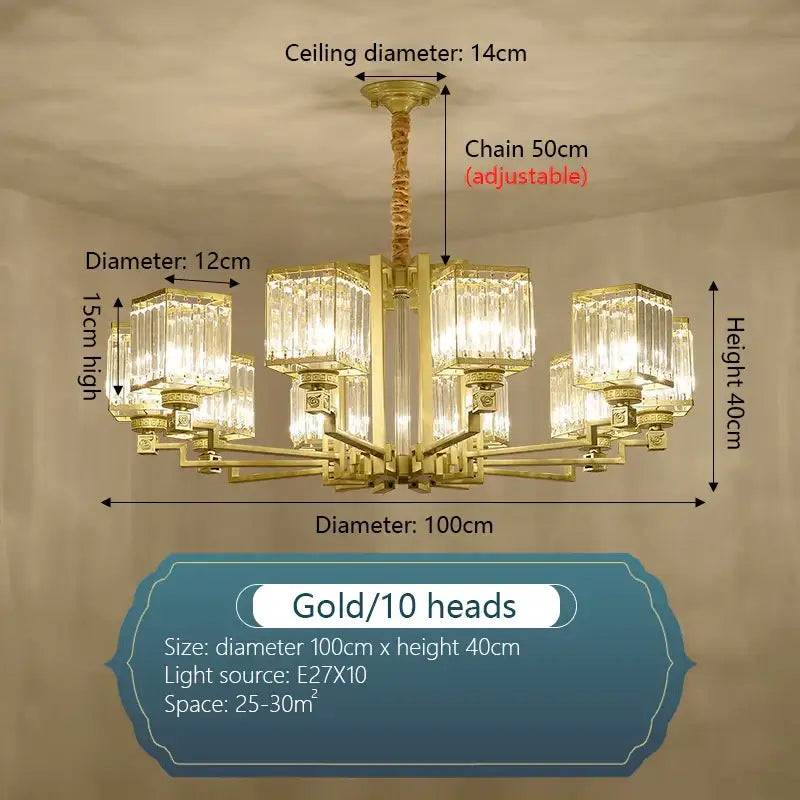 Gold-colored decorbites crystal chandelier with ten crystal-encased light heads and adjustable chain for chandelier villa living