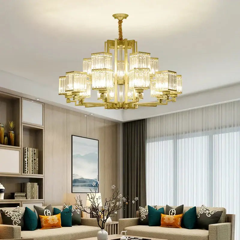 Gold-toned DecorBites crystal chandelier villa with clear rectangular glass shades in tiered chandelier villa living design