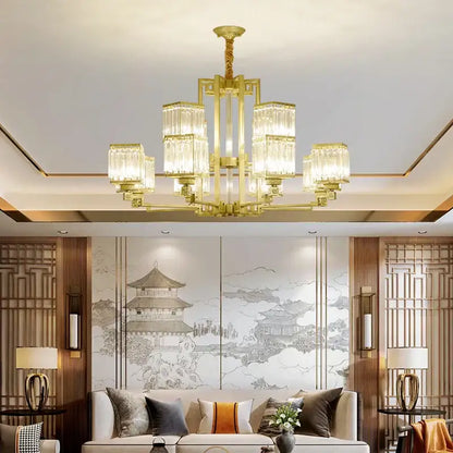 Gold-toned decorbites crystal chandelier villa with multiple crystal-encased light fixtures for chandelier villa living