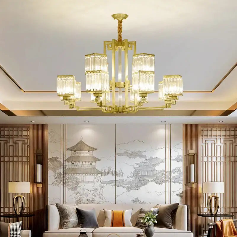 Gold-toned decorbites crystal chandelier villa with multiple crystal-encased light fixtures for chandelier villa living