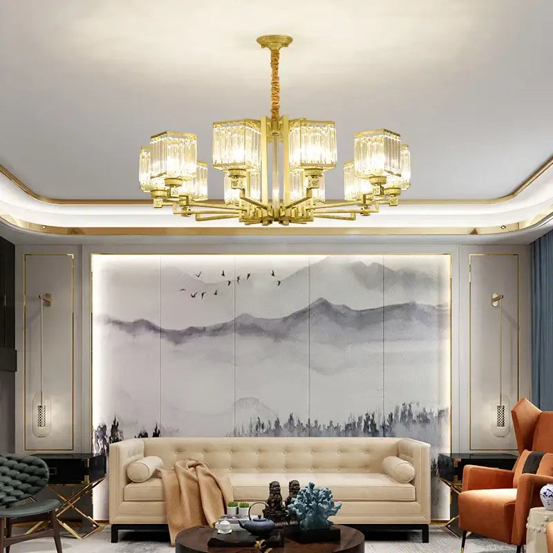 Gold-toned decorbites crystal chandelier with faceted glass shades for chandelier villa living room lighting