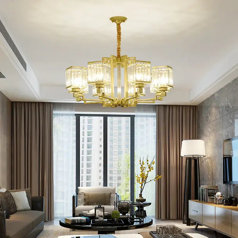 Gold-toned DecorBites crystal chandelier with rectangular crystal glass shades and textured metal frame for villa living room lighting