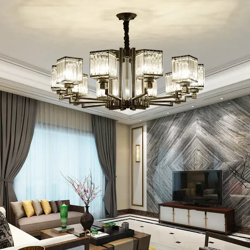 DecorBites crystal chandelier villa with dark bronze frame and rectangular crystal glass shades for villa living room lighting