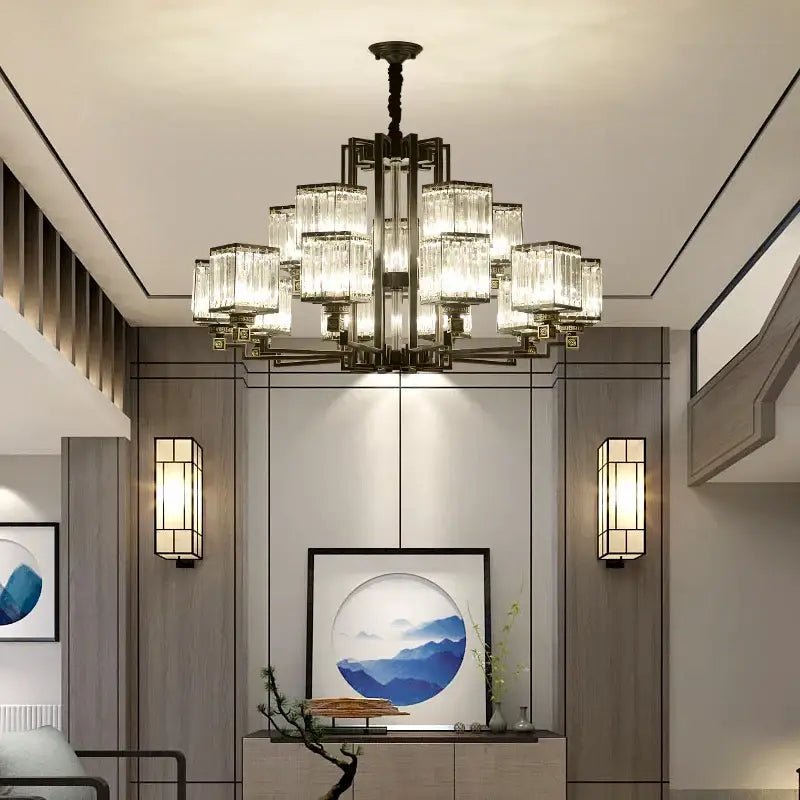 A decorbites crystal chandelier villa featuring a dark bronze frame with clear rectangular crystal shades for living rooms