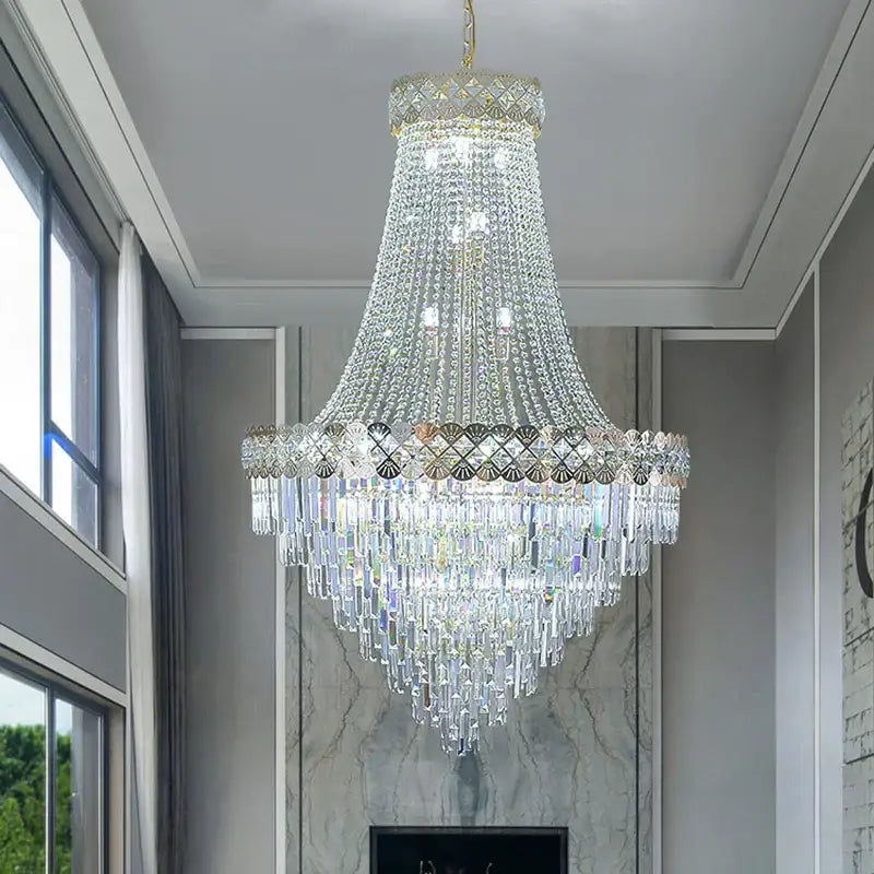 A decorbites crystal chandelier villa featuring a gold-toned frame with cascading clear prisms for luxury decor
