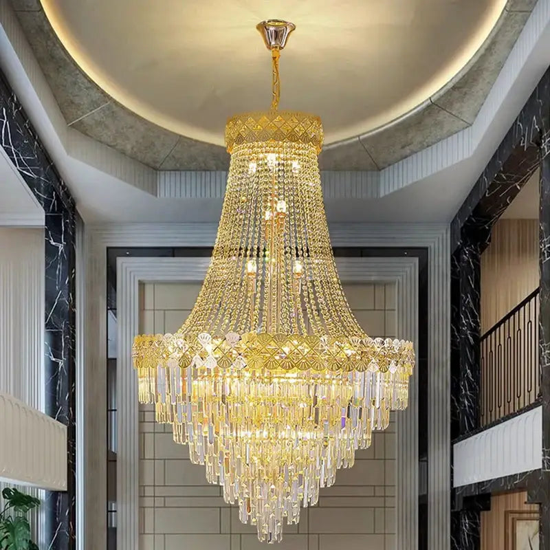 Decorbites crystal chandelier villa with golden frame cascading crystal droplets and geometric detailing for luxury spaces