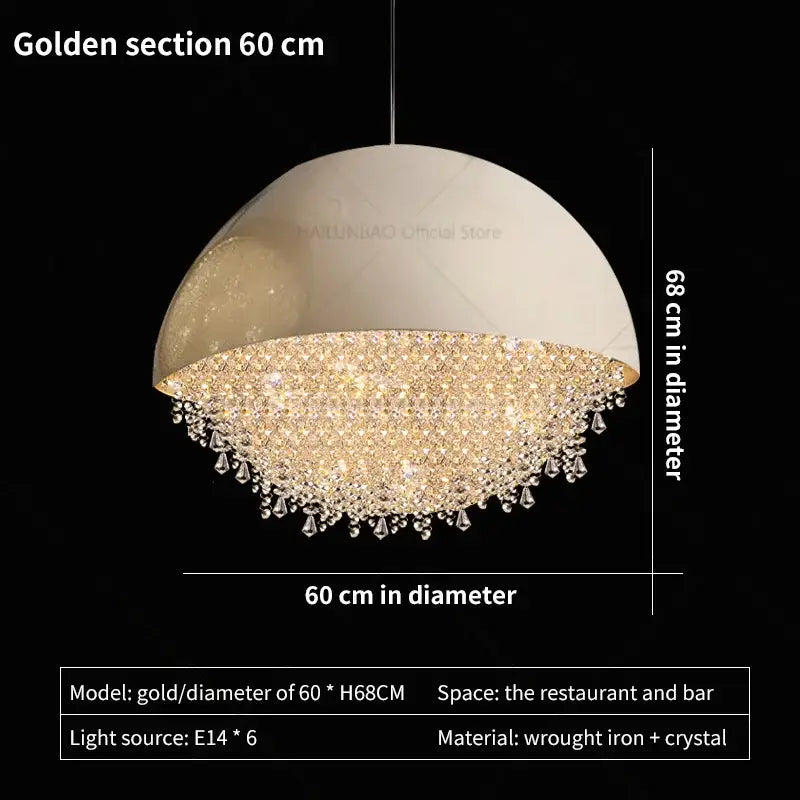 Decorbites crystal chandelier white dome pendant light with gold-toned crystals and wrought iron for living room