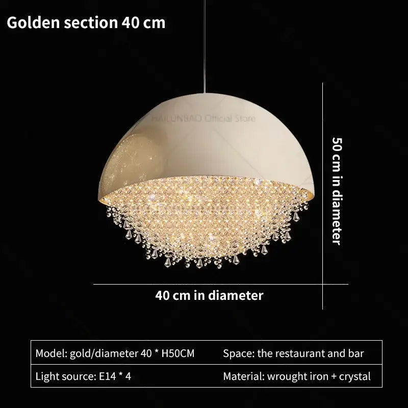 Decorbites crystal chandelier white dome pendant light with wrought iron frame and golden crystal droplets for living room