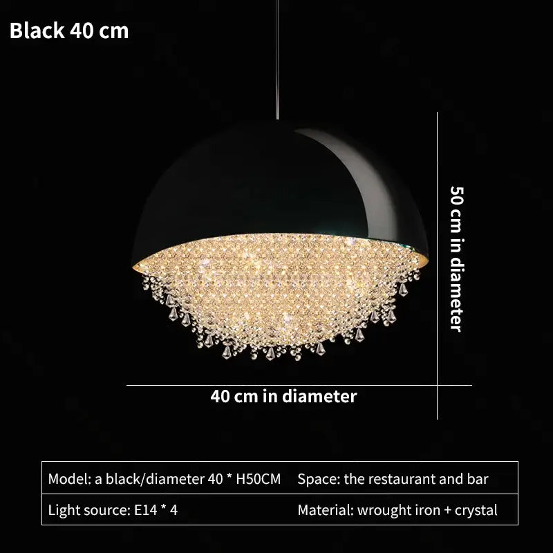 Black dome-shaped decorbites crystal chandelier pendant light with wrought iron and crystals for living room