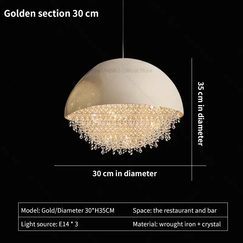 A gold-toned decorbites crystal chandelier with a white dome, wrought iron frame, and cascading crystal droplets for living room