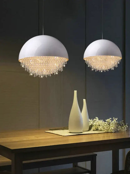 White dome pendant lights with crystal chandelier elements by decorbites for elegant living room lighting