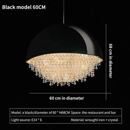 Black dome-shaped decorbites crystal chandelier pendant light with sparkling crystal fringe and wrought iron frame for living room