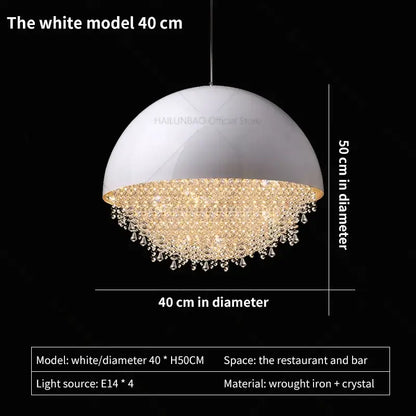 White dome pendant light with cascading crystal chandelier effect made of wrought iron and crystals decorbites crystal chandelier