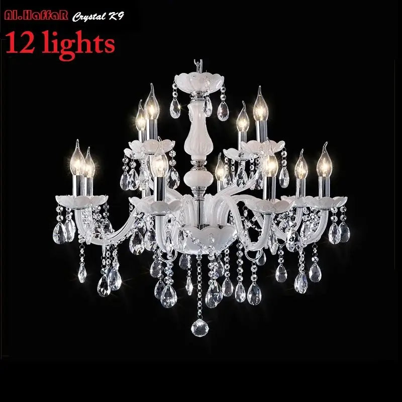 Elegant white decorbites crystal chandelier with 12 led candle lights and intricate floral teardrop design