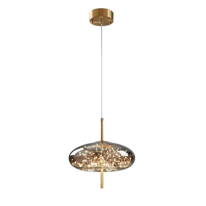 DecorBites crystal chandelier pendant light with gold metal frame and clear glass shade filled with LED fairy lights