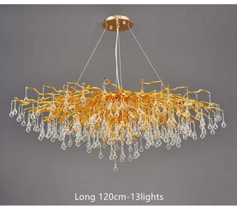 DecorBites™ crystal chandelier with golden branch design and dangling raindrop crystals light fixture