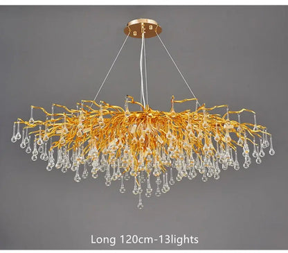 DecorBites™ crystal chandelier with golden branch design and dangling raindrop crystals light fixture