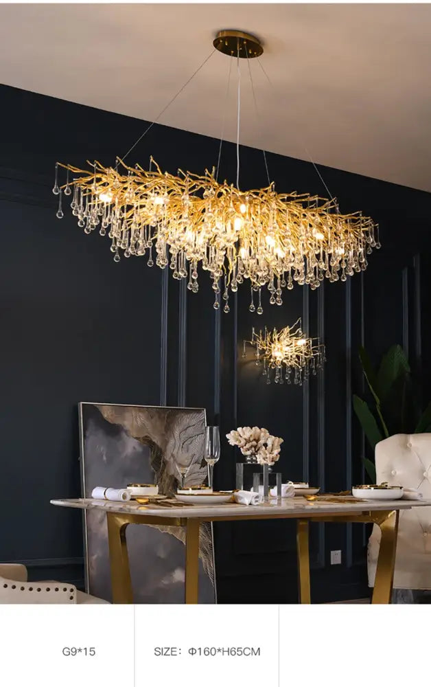 Golden DecorBites™ crystal chandelier light fixture with raindrop crystals and branch-style design