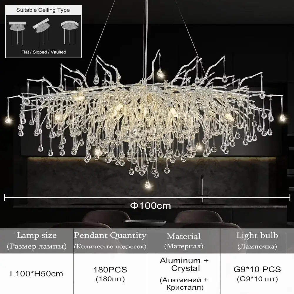 DecorBites™ crystal chandelier with raindrop crystals and aluminum frame 100cm wide modern light fixture