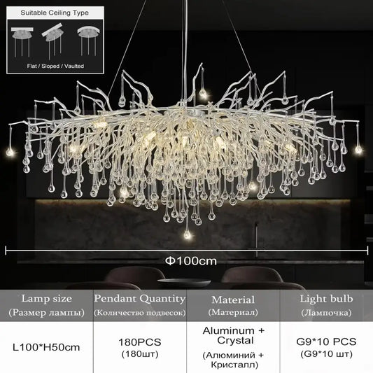 DecorBites™ crystal chandelier with raindrop crystals and aluminum frame 100cm wide modern light fixture