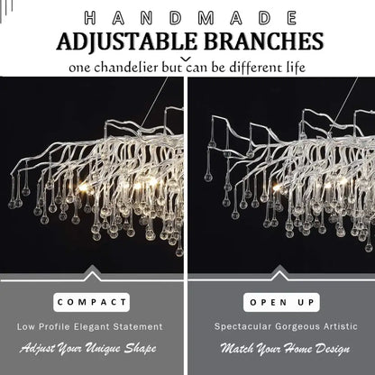 DecorBites™ silver metallic crystal chandelier with adjustable branch-like arms and dangling raindrop crystals light fixture