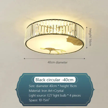 Black circular decorbites crystal chinese ceiling light with vertical crystal rods and gold lotus leaf motifs, 40cm diameter