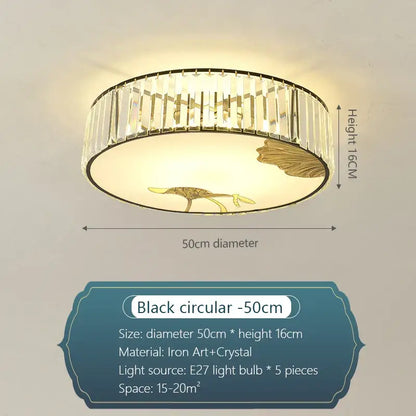 Circular ceiling light with black frame, clear crystal rods, and gold-toned leaf bird motifs by Decorbites crystal Chinese