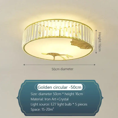 Golden circular decorbites crystal chinese ceiling light with vertical crystal rods and gold leaf lotus diffuser for living room
