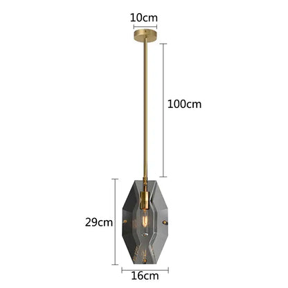 A modern decorbites crystal copper chandelier pendant light with brass rod and dark gray glass shade with gold leaf detailing