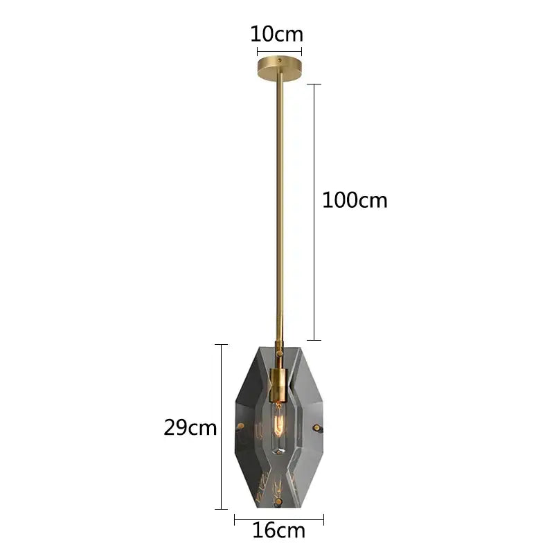 A modern decorbites crystal copper chandelier pendant light with brass rod and dark gray glass shade with gold leaf detailing