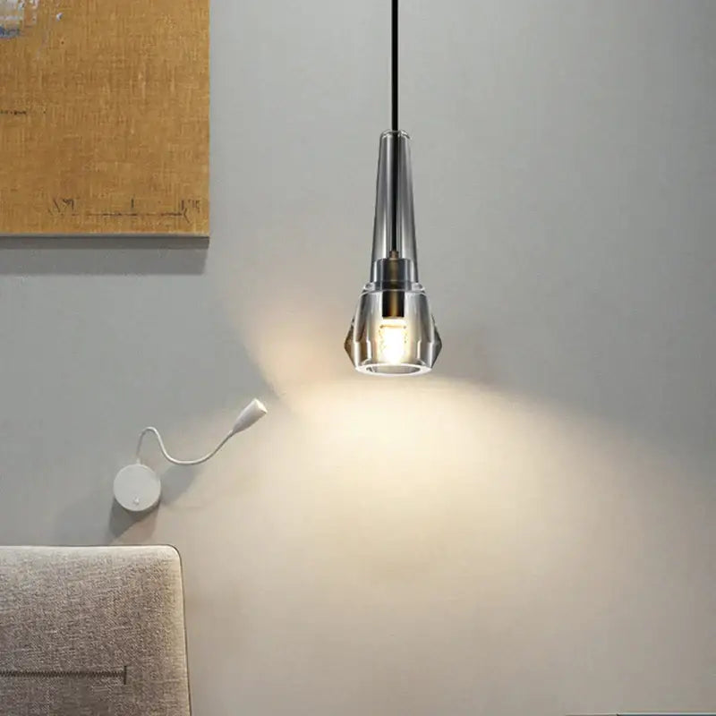 Modern chrome-finished pendant light with tapered glass shade and visible bulb for decorbites crystal copper chandelier