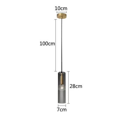 A modern minimalist decorbites crystal copper pendant light with cylindrical smoked glass shade and brass finish